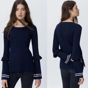 Rebecca Minkoff Cara Ruffle Bell Sleeve Pullover Sweater Navy Blue Women's XS